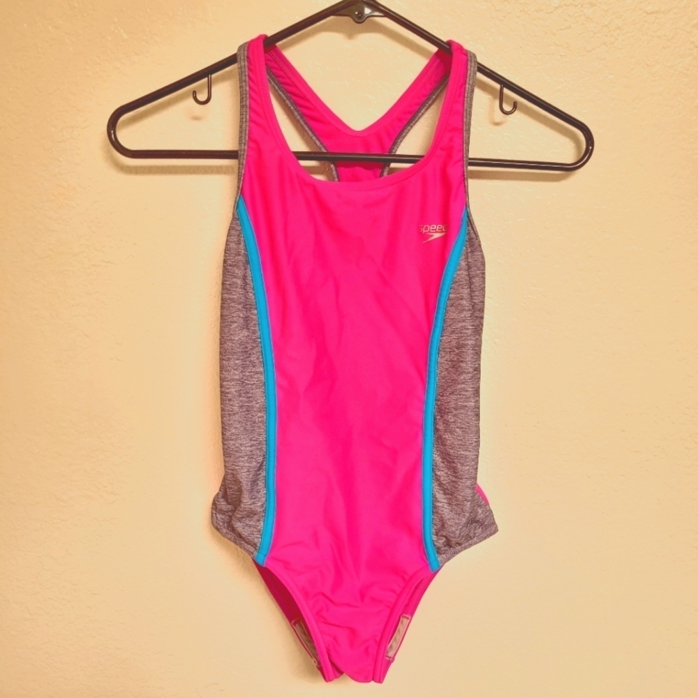 Girls Speedo One Piece Pink Grey and Teal